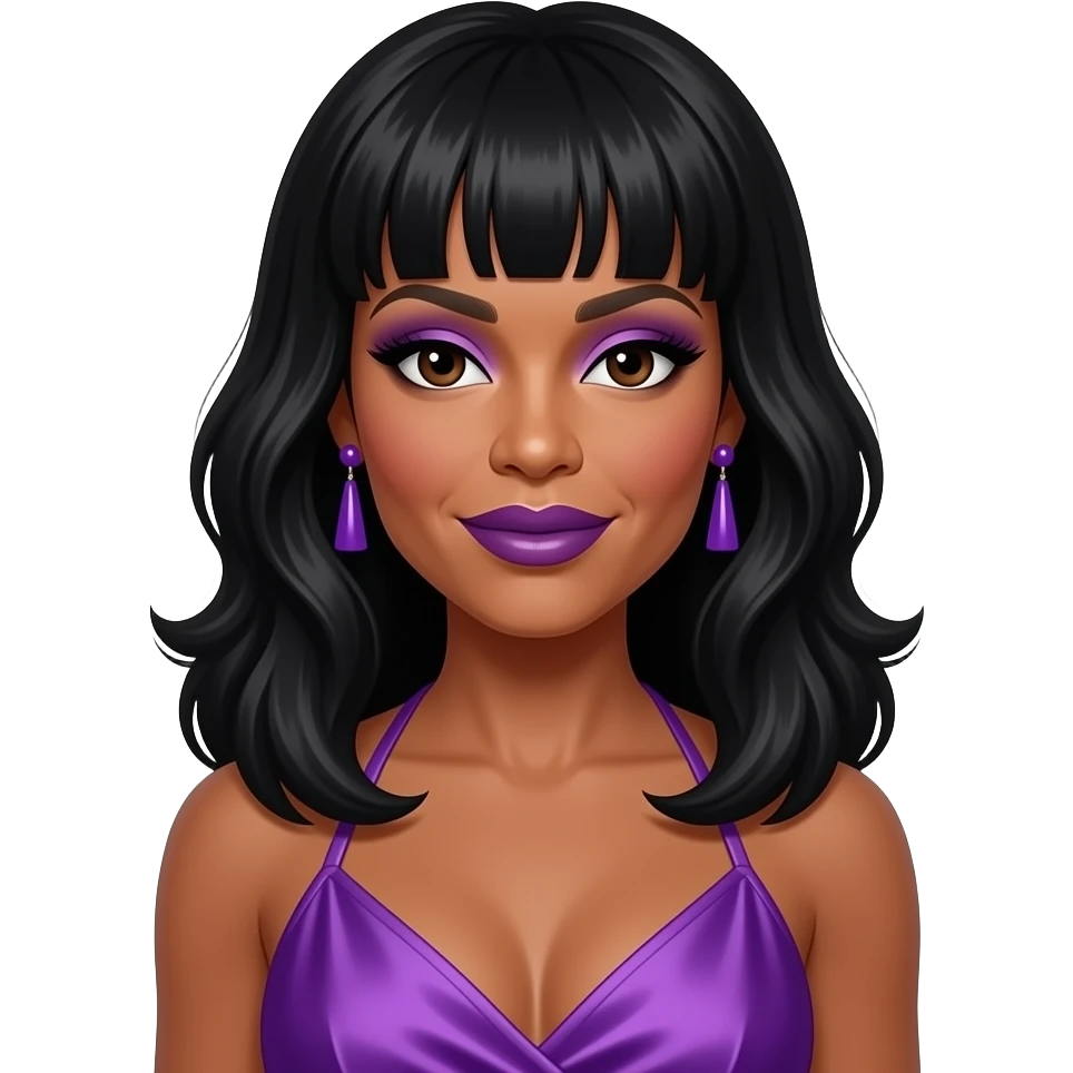 Wendy Williams with dark brown eyes, long black 90s bang hair, purple eyeshadow dark purple lipstick, purple silk halter dress, purple earrings emoji