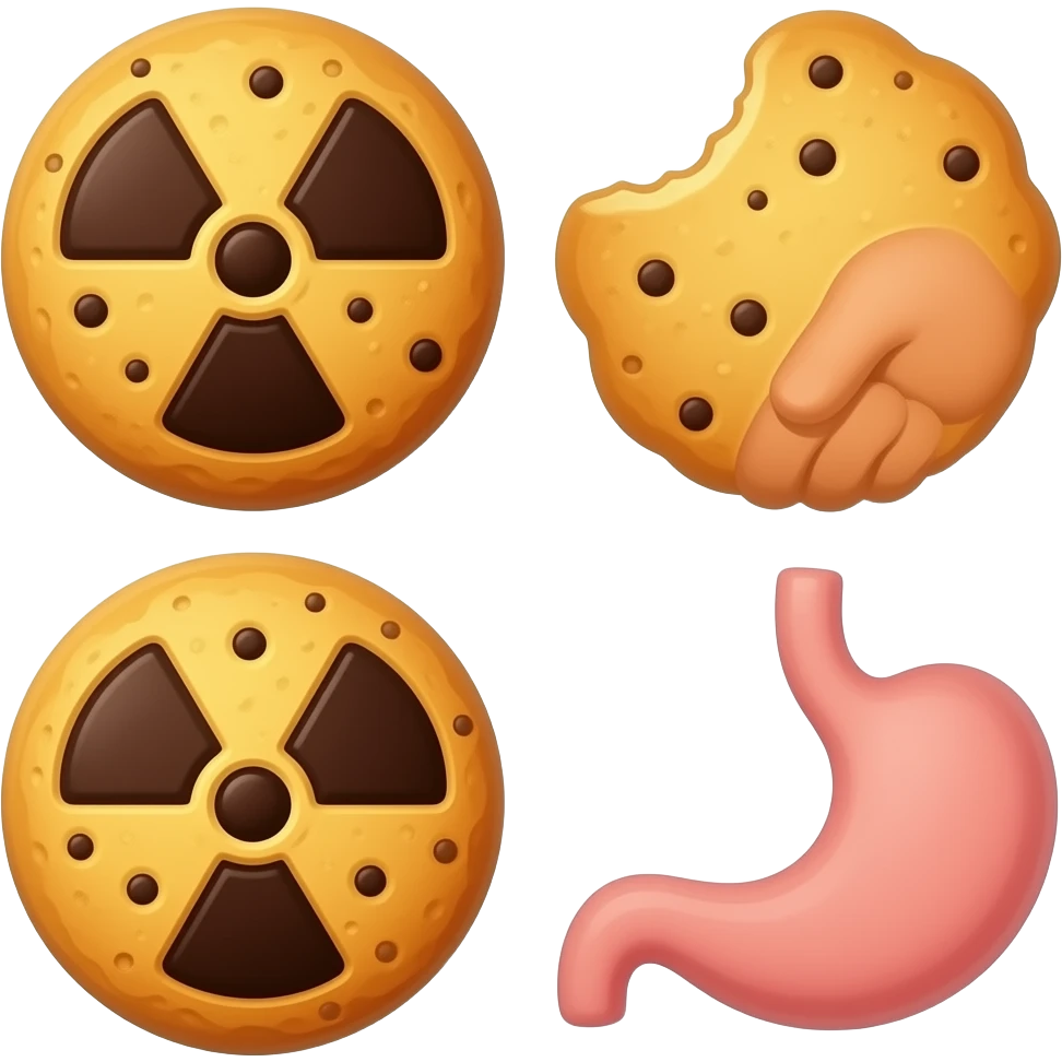 a cookie emiting alpha radiation in my pocket, a cookie emitting beta radiation in my hand, and a cookie emiting gamma radiation in my stomach. emoji