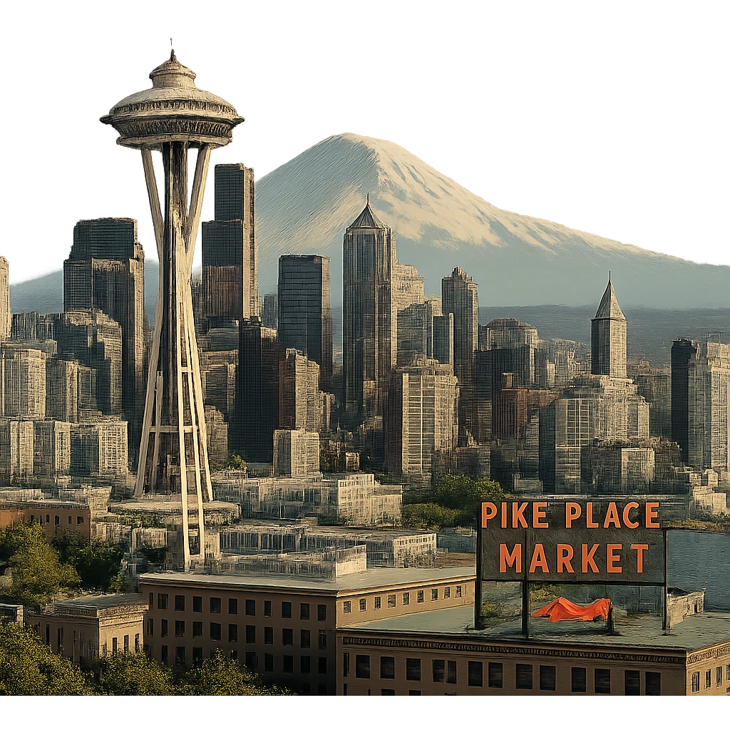 cinematic realistic emoji of Seattle, wide city view with iconic landmarks including Space Needle, Smith Tower, Mount Rainier in the background, Pike Place Market, lifelike detail, accurate colors, bright daytime lighting, no sky, no clouds, fully transparent background emoji
