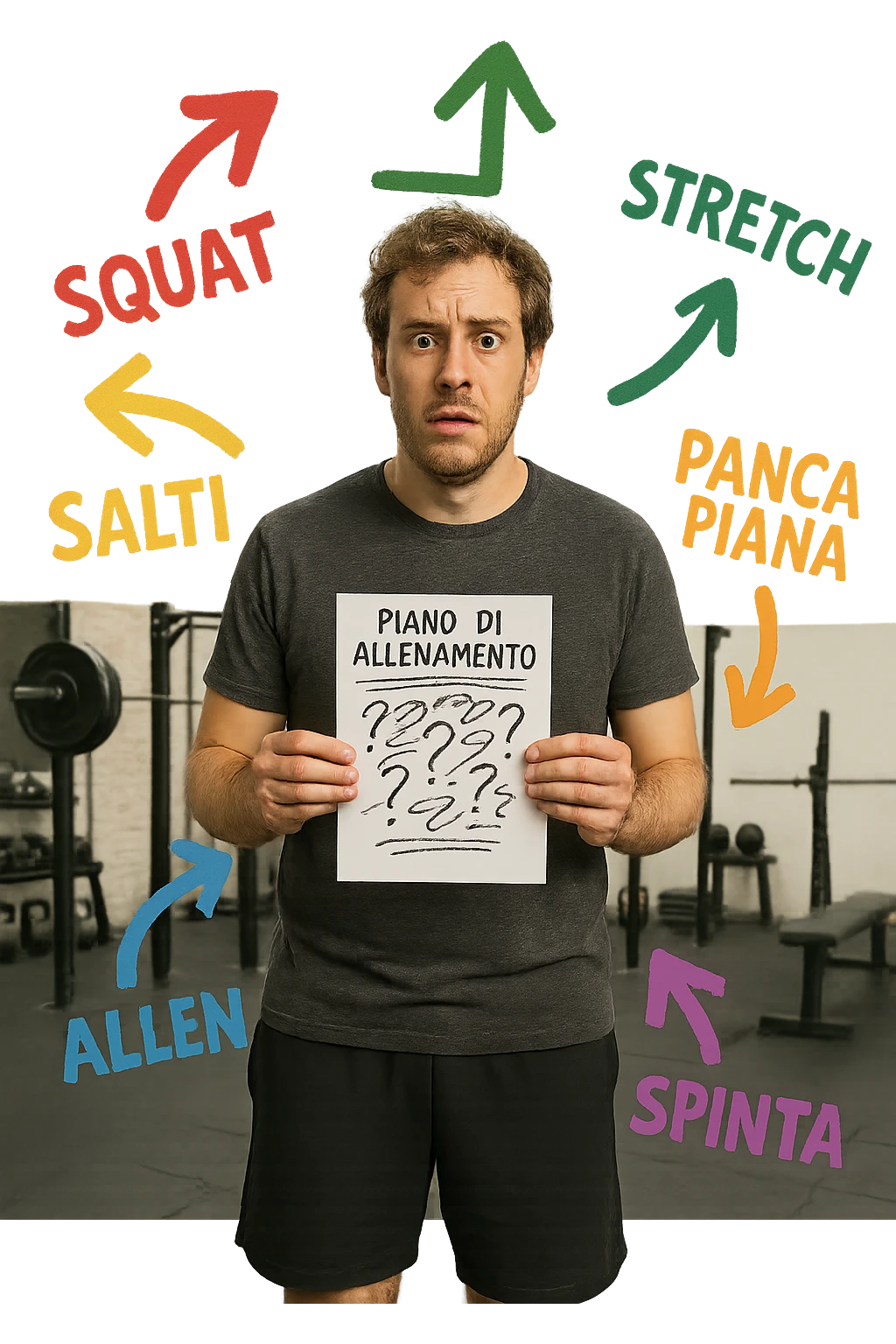 a person stands in the center of a gym, surrounded by arrows pointing in all directions, each labeled with a different exercise (e.g., “squat,” “Salti,” “stretch,” “Panca Piana”). The person looks bewildered, holding a workout plan with scribbles and question marks. The scene is colorful but visually messy, symbolizing confusion. in italiano immagine iperrealistica emoji