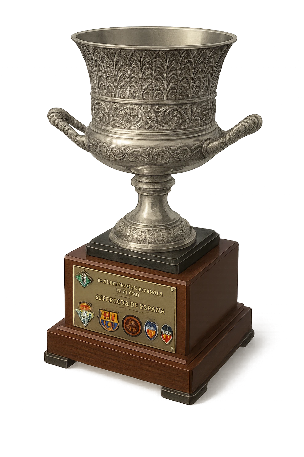 Фотореалистичный и изометричный кубок Supercopa de España, объемный чуть слегка рисованный стиль, прозрачный фон emoji