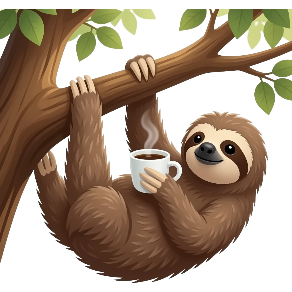 hanging sloth with long limbs big tree branch drink morning coffee emoji