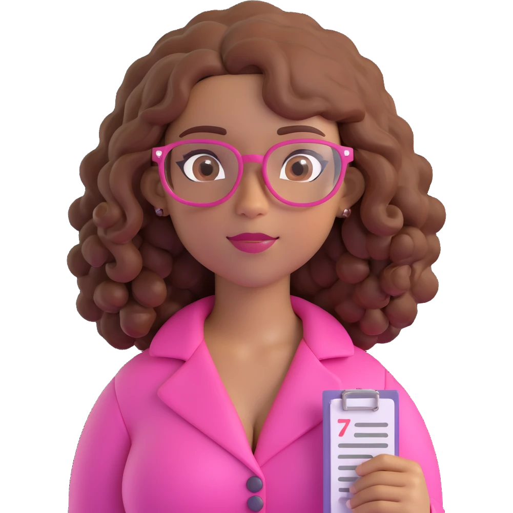 3D style character with curly hair, light brown skin, brown eyes, pink prescription glasses, busty emoji