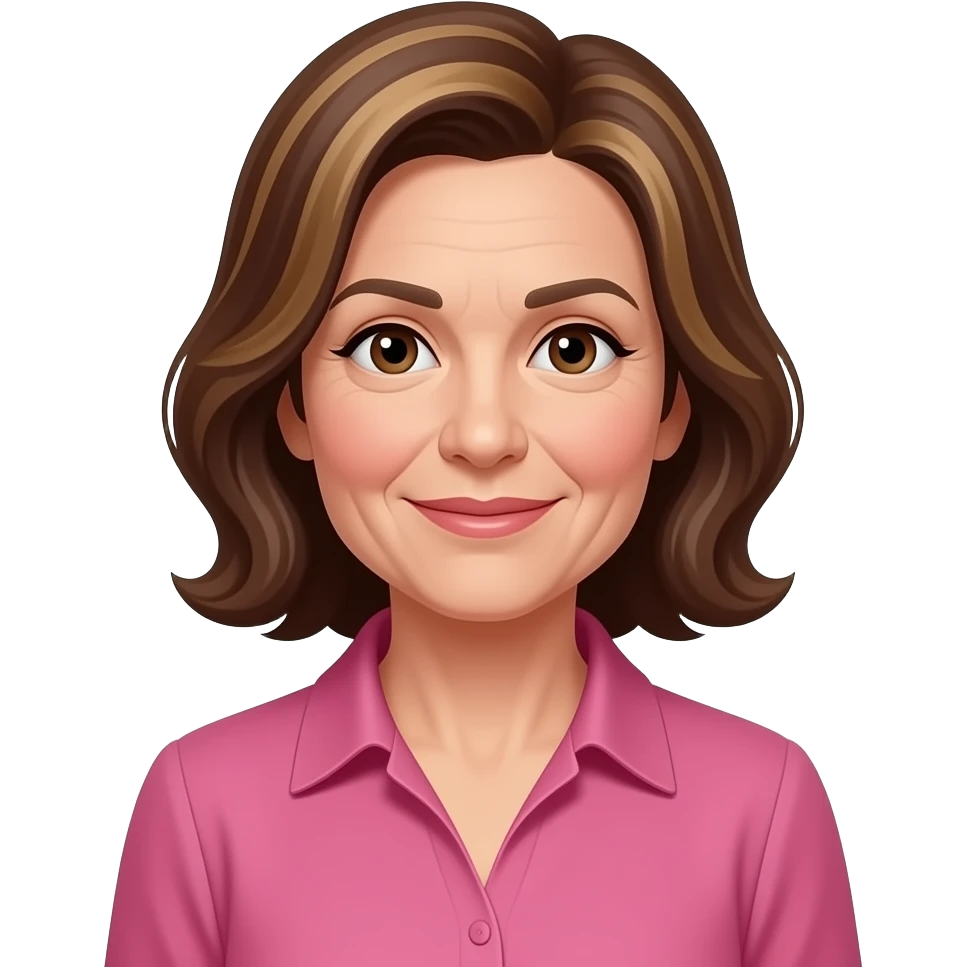 woman in 50s with brown highlighed hair and wearing pink formal top brown eyes emoji