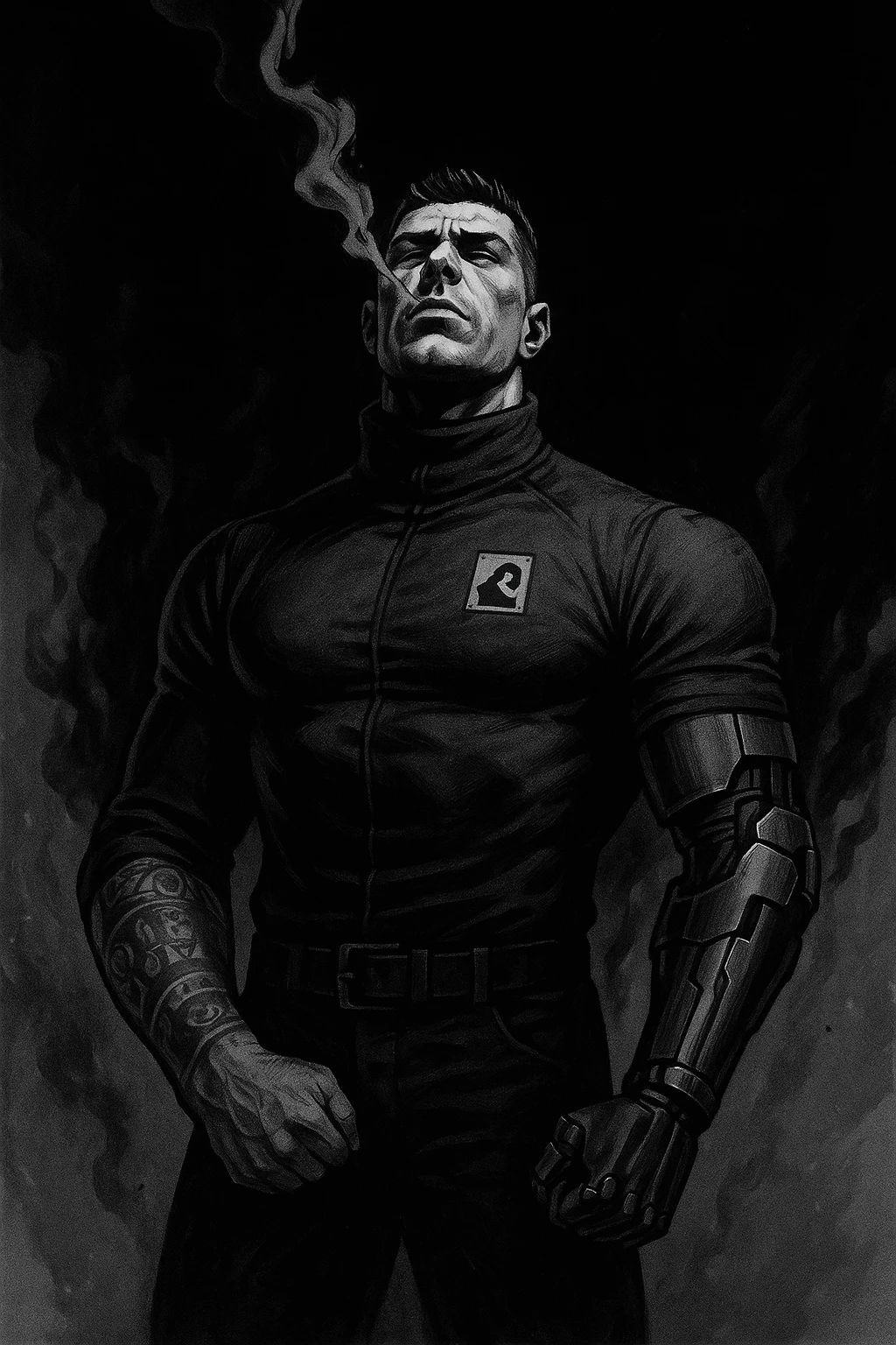 Black and white comic book panel of an extremely muscular Italian man with cybernetic implants standing in the dark, surrounded by smoke. He is wearing a long-sleeved shirt with a high collar, and his chest is sculpted. emoji