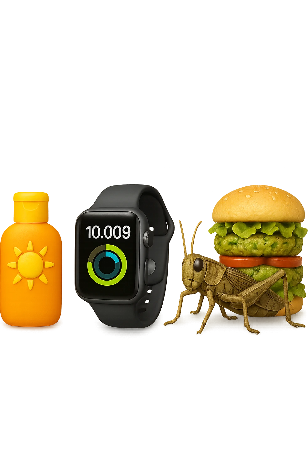 emoji stile iphone di una boccetta di CREMA SOLARE, UNO SMARTWATCH CONTAPASSI, UN GRILLO, UNA TORRETTA DI HAMBURGER FATTI CON I PISELLI, IPERREALISTICO 4K emoji