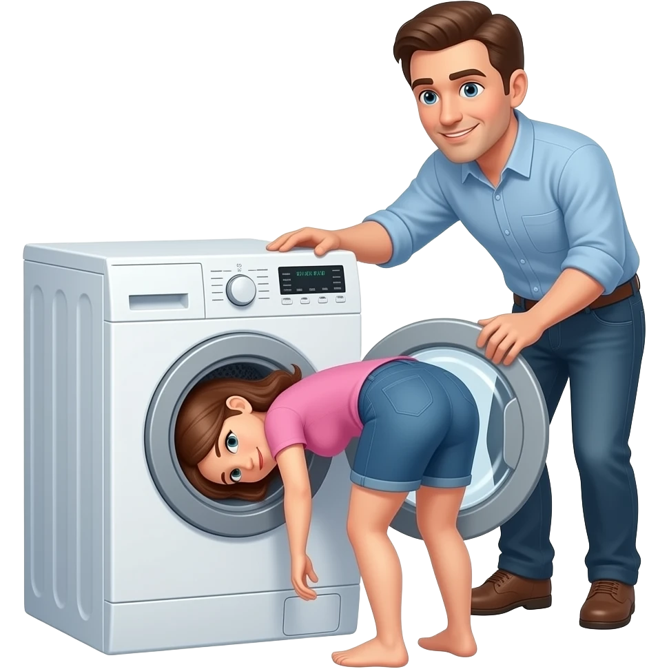 Un homme derrière une femme qui c'est bloqué juste la tête dans une machine a laver et le reste du corps devant la machine a laver que la femme face un 180 defres emoji
