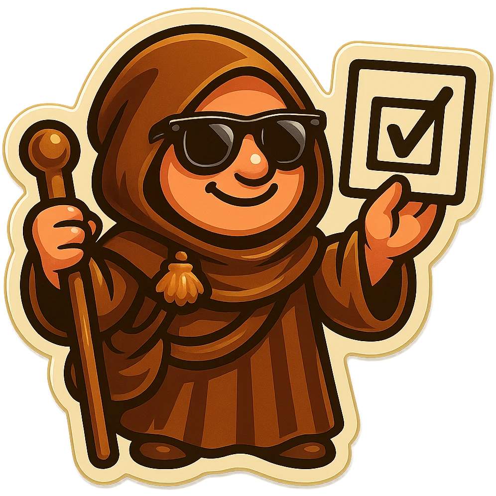 Add sunglasses to the pilgrim wearing a brown cloak in a sticker style with a friendly atmosphere. Keep the background transparent. emoji