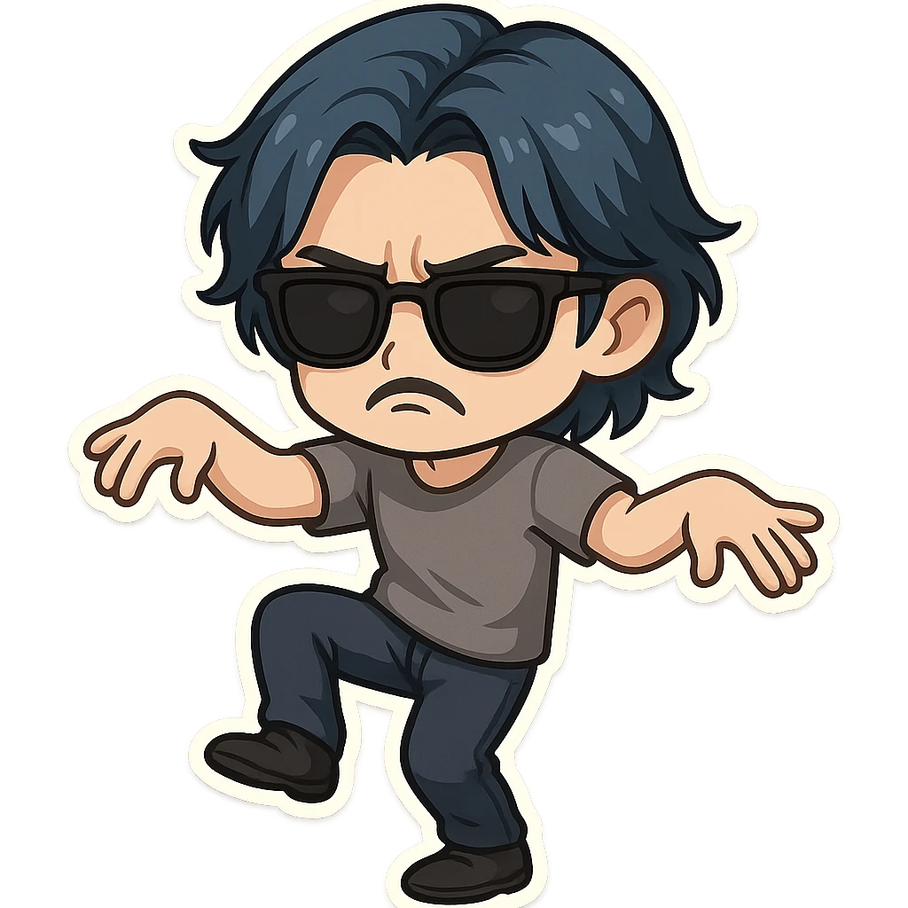 a dark brooding hipster with electric dark blue hair, surfer middle part, chin length hair, black classic rayban shades, plain gray t-shirt, doing the gimmie dance, maniac dance, 1980's dance emoji