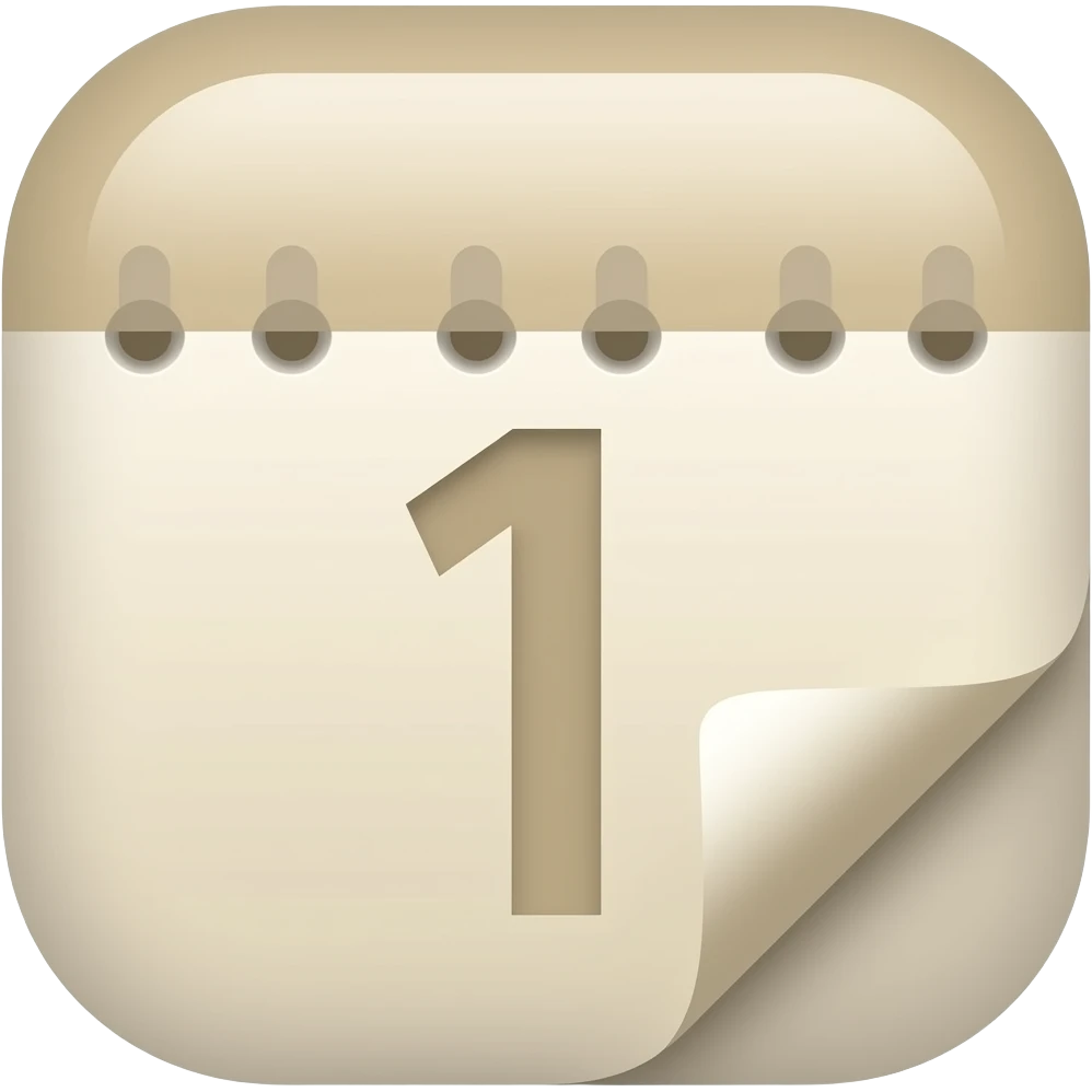 A cute Apple-style calendar emoji in soft cream and beige tones, with a minimal and clean design. Rounded corners, subtle shadows, and a smooth glossy finish. The calendar has a simple layout with a small date number, giving it a cozy and aesthetic look. emoji