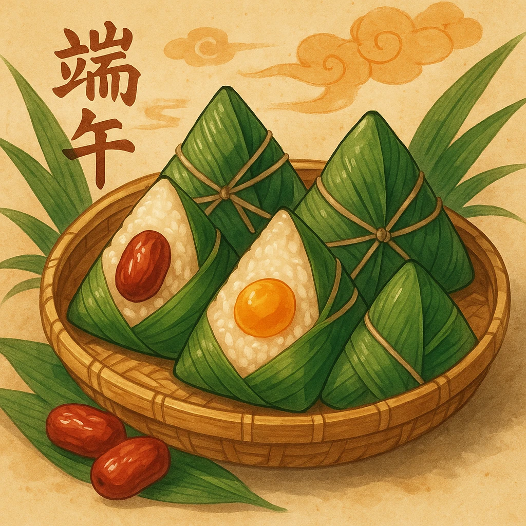 端午节粽子，传统中国风，叶子包裹，糯米馅，带有红枣或咸蛋黄点缀，温馨节日氛围，Chinese traditional style, warm festive atmosphere emoji