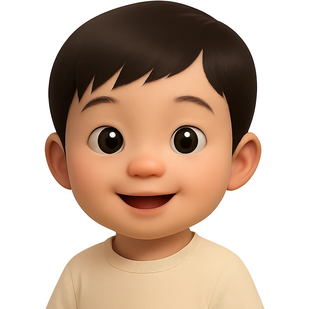 Increase realism to 70% while keeping the cute Asian baby boy emoji look, with no background and a soft glossy texture. Maintain the emoji style but enhance the realism and softness in the appearance. emoji