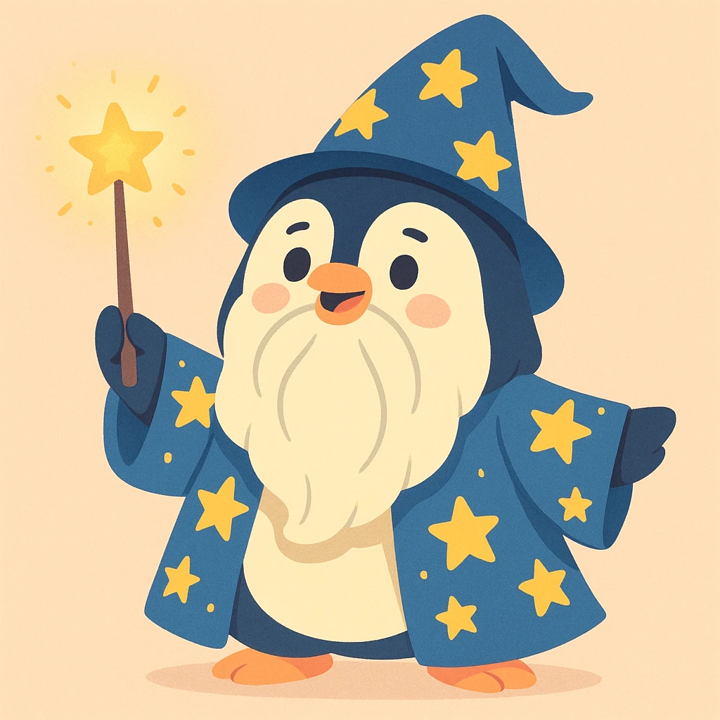 chubby penguin wizard with a long beard, starry robe, and a glowing wand, soft pastel illustration style emoji