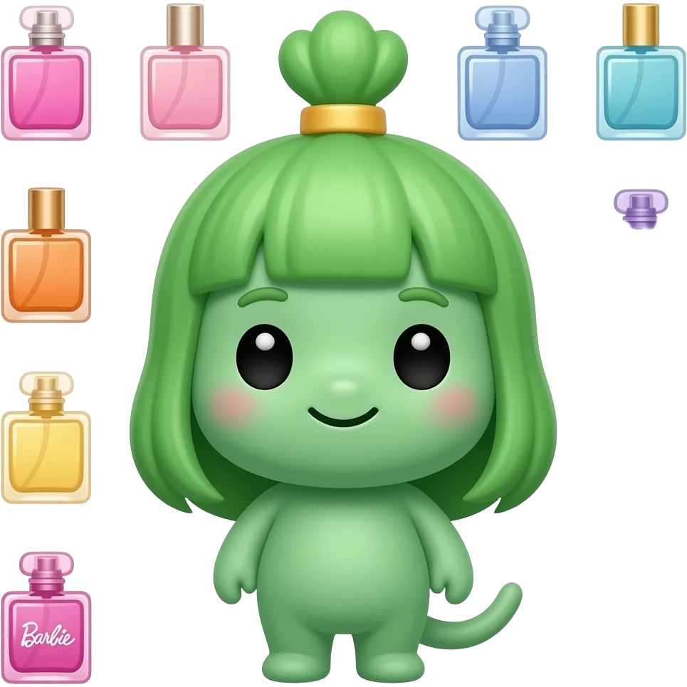 green Cute characters mascot for barbie cafe inspired by barbie colour palletepurple Tiny perfume bottles inspired by barbie colour pallete emoji
