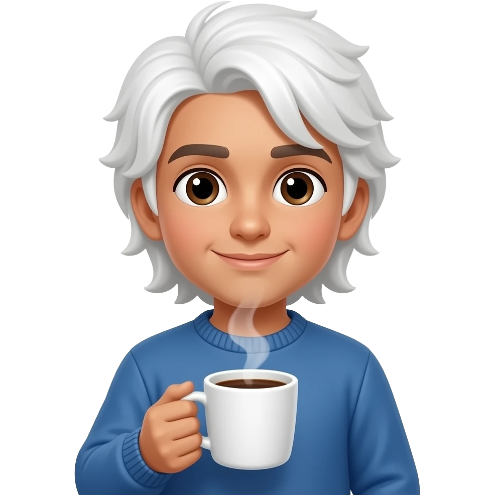 Pakistani boy with long white hair drinking coffee, wearing blue sweater, no facial hair - bare face emoji