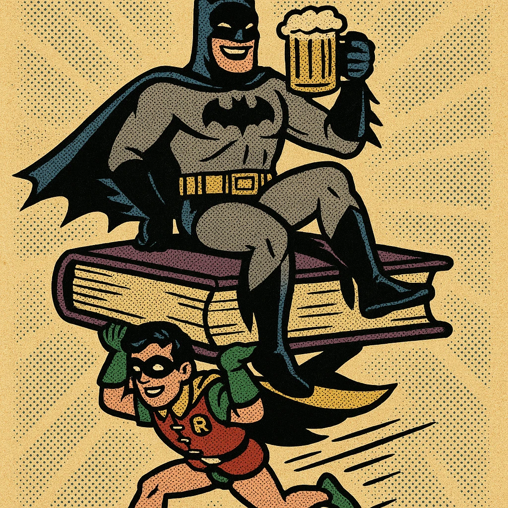 Batman enjoying a beer while sitting on a book, with Robin carrying the book, playful superhero vibe, comic style emoji