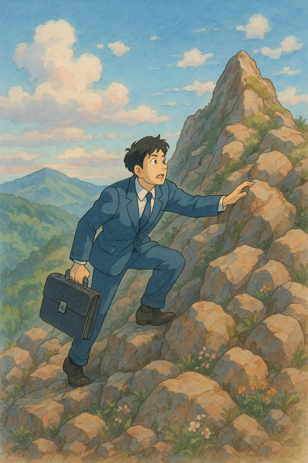 man climbing a mountain in a suit, ghibli style emoji