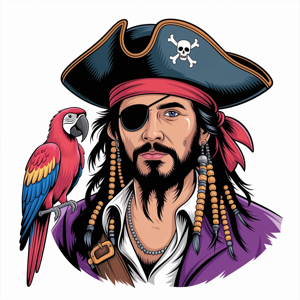 digital vector art of pirate with eye patch and parrot emoji