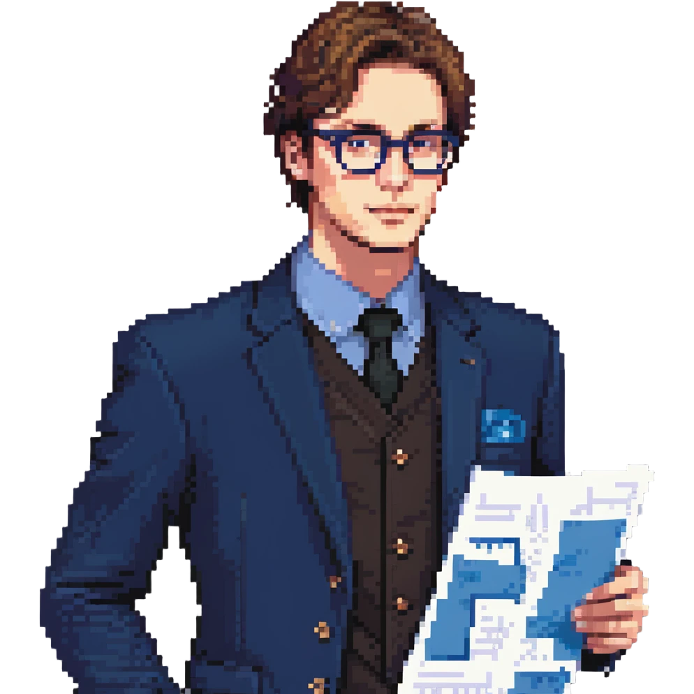 Flat pixel art, focused and reserved male architect, American, Caucasian features, short sleek brown hair, wearing glasses, wearing a deep indigo suit jacket over a black shirt, holding a blue print, waist-up, front-facing emoji