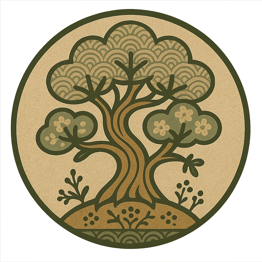 Create a round favicon version of the image showing a tree growing from the ground in Scandinavian folk art style. Maintain classic detail and use a traditional neutral folk art palette. The image should have a transparent background and be suitable for favicon, logo, and emoji usage. emoji