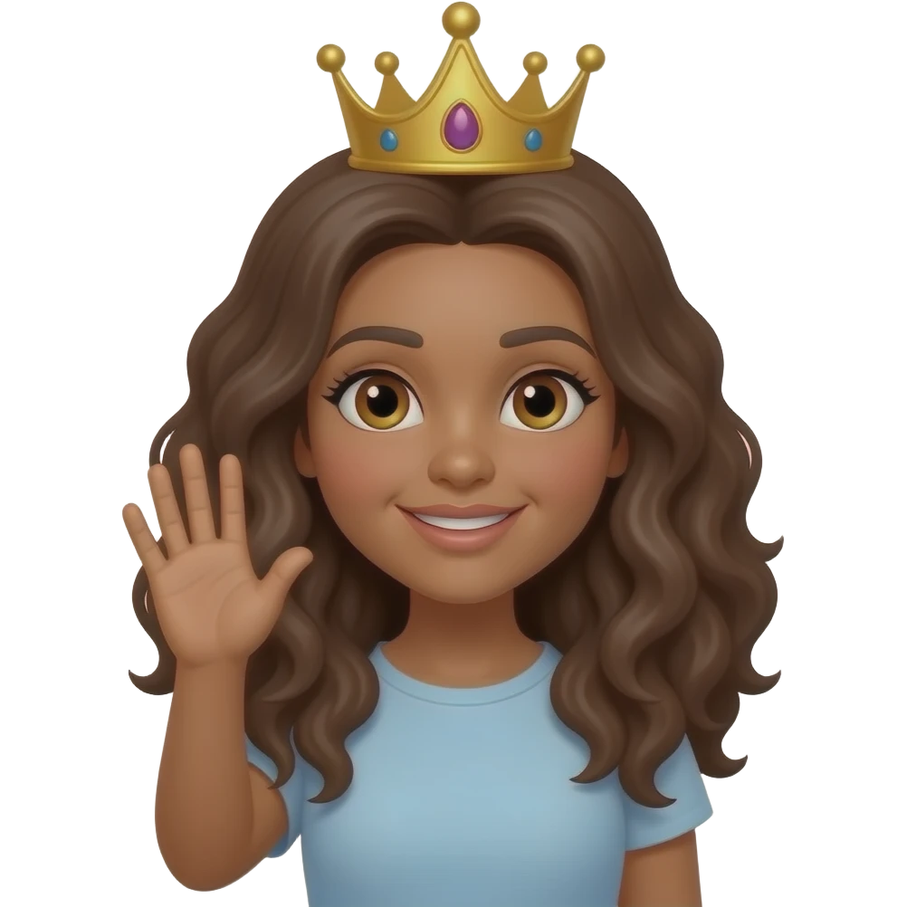 A woman with fair and brown skin, long, curly brown hair, hazel eyes, and a crown on her head, her hand raised as if to signal her presence, in emoticon mode like on mobile phones. emoji