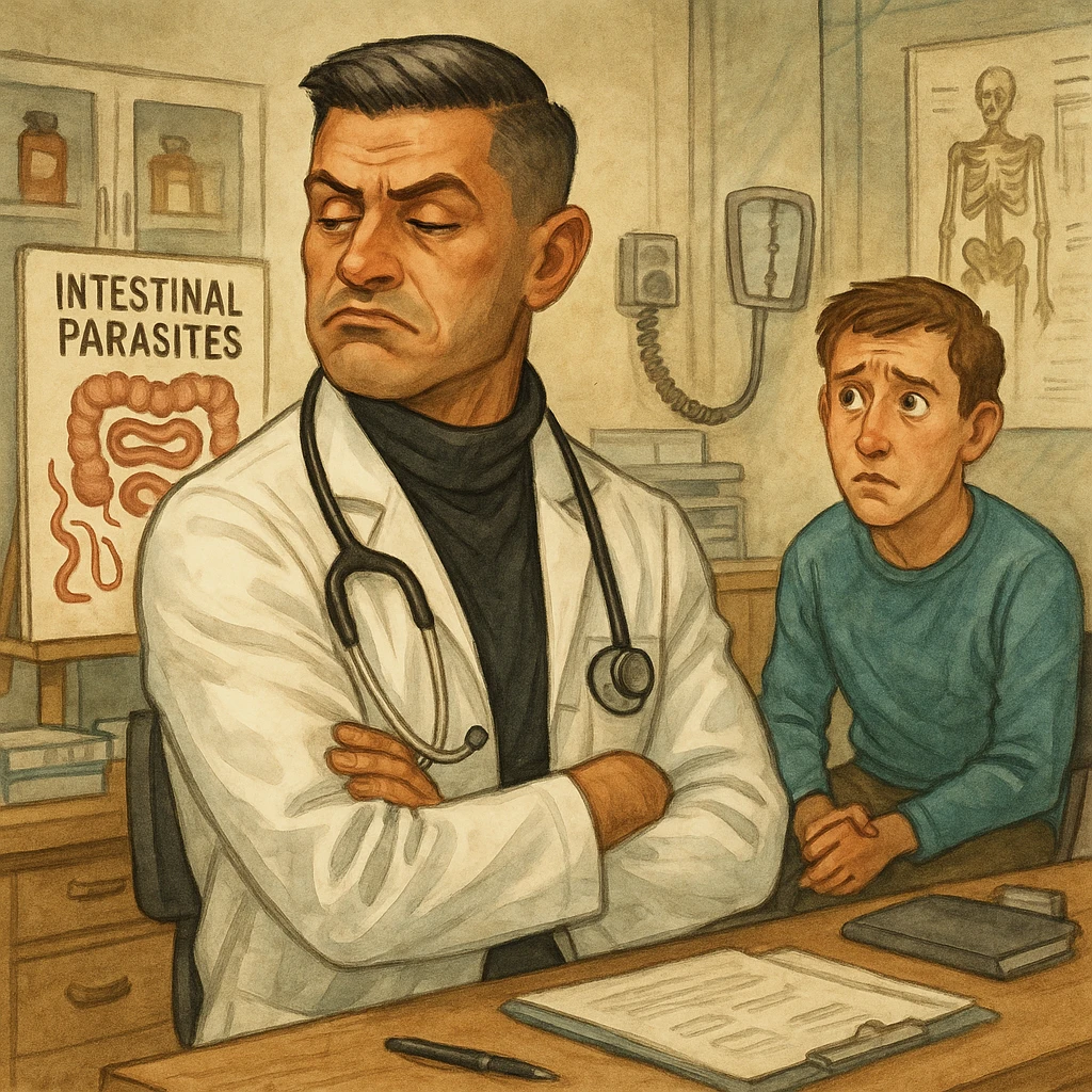 Create a semi-realistic or expressive style image of a male doctor inspired by the reference image, wearing a white coat. The doctor is turning away from a patient chart with intestinal parasites, showing an indifferent or annoyed expression. The patient looks concerned. The background is a doctor's office. The tone is ironic highlighting negligence. emoji