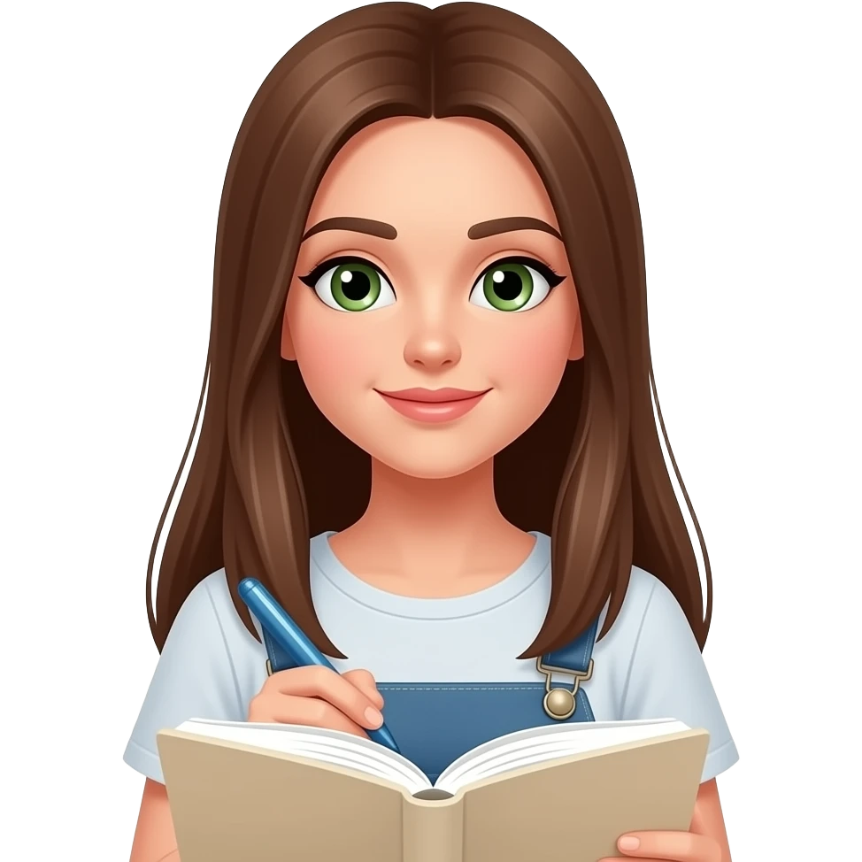 girl with long straight brown hair and green eyes writing in a light beige journal emoji