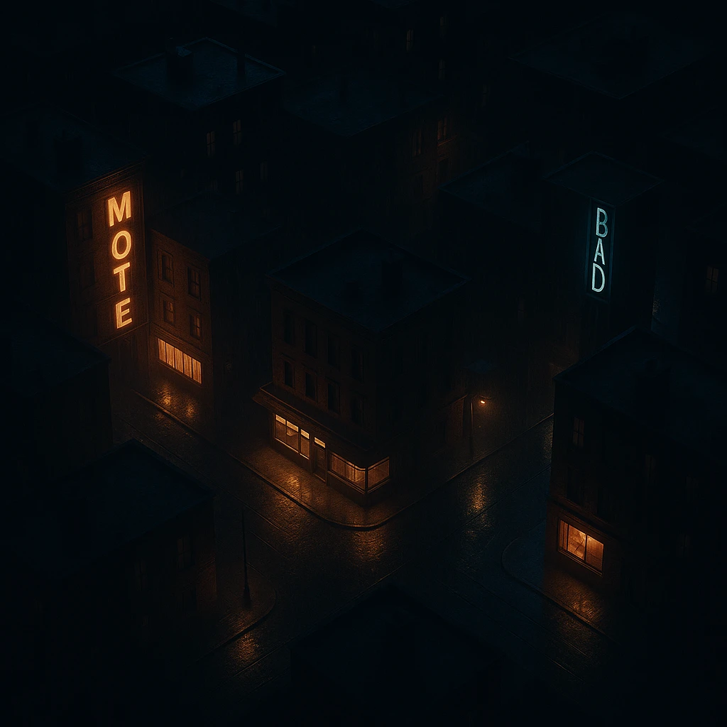 Realistic top-down view of a night city, all in shadow, only establishments glowing, dark and moody, cinematic style, more cinematic emoji
