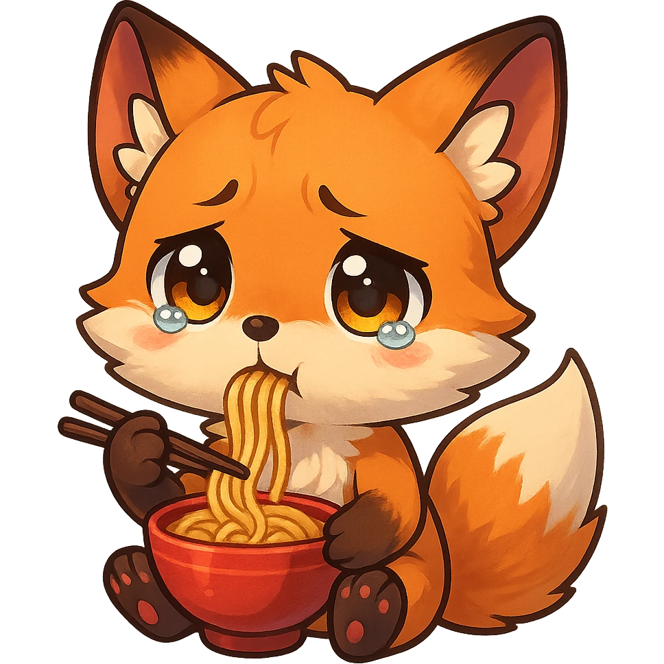 chibi anime style fox character, eating noodles, looking sad, cute, colorful, detailed emoji