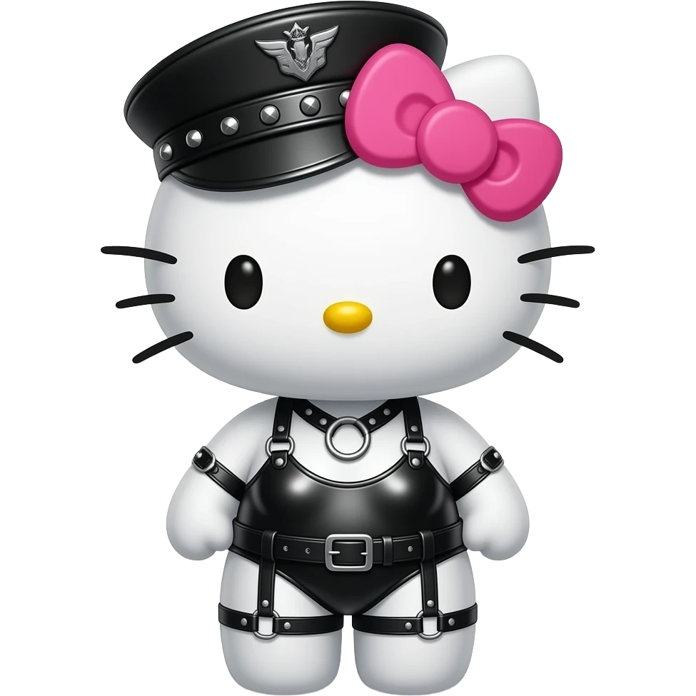 hello kitty representada de cuerpo entero como Dominatrix BDSM fetichista vestida de latex ajustado y O-ring harness, gorra militar de cuero con tachuelas, emoji