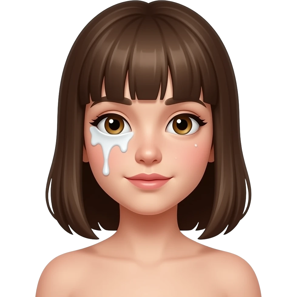 Naked girl, white liquid on face, blushing emoji