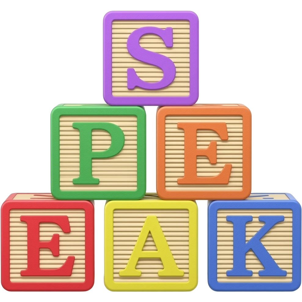 Five children's blocks forming the word "SPEAK" emoji