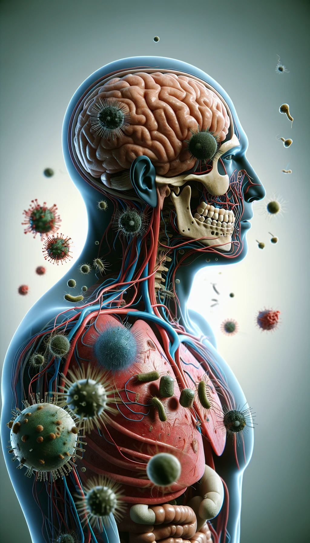 corpo umano anatomico di profilo con virus e parassiti che cercano di attaccarlo , sfondo neutro chiaro, iperrealistico 4k emoji