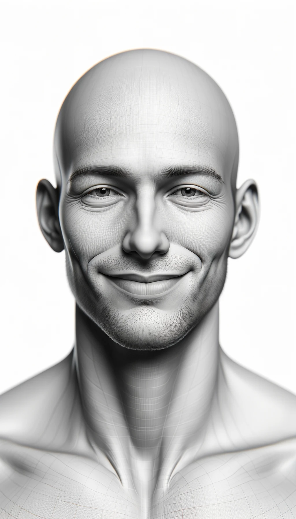corpo umano anatomico a figura intera visibile fino ai fianchi che sorride rilassato, iperrealistico 4k, isolato su sfondo bianco emoji