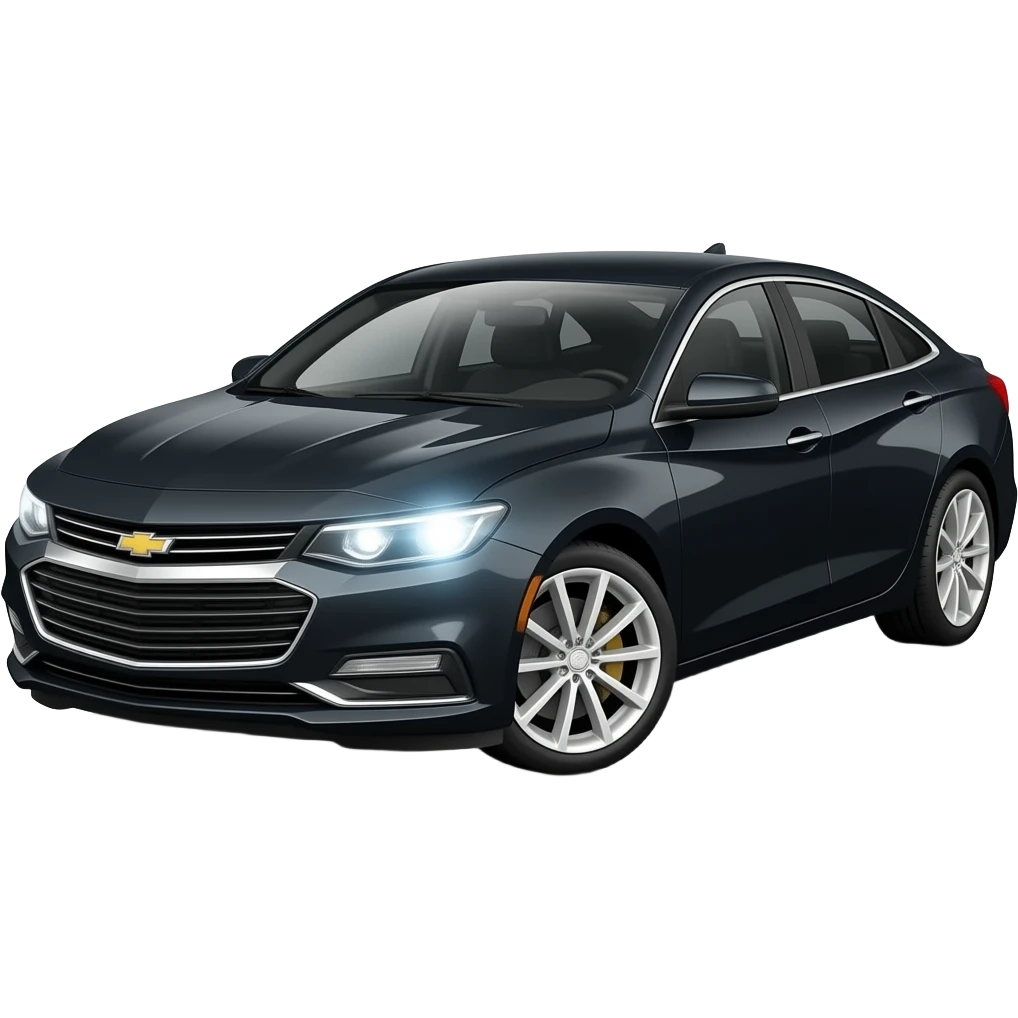 A realistic, high-detail photograph of a glossy black Chevrolet Malibu 2 Turbo Premier sedan with tinted windows, glowing white alloy rims, and bright LED white headlights emitting a dinamic brighting glowing effect. emoji