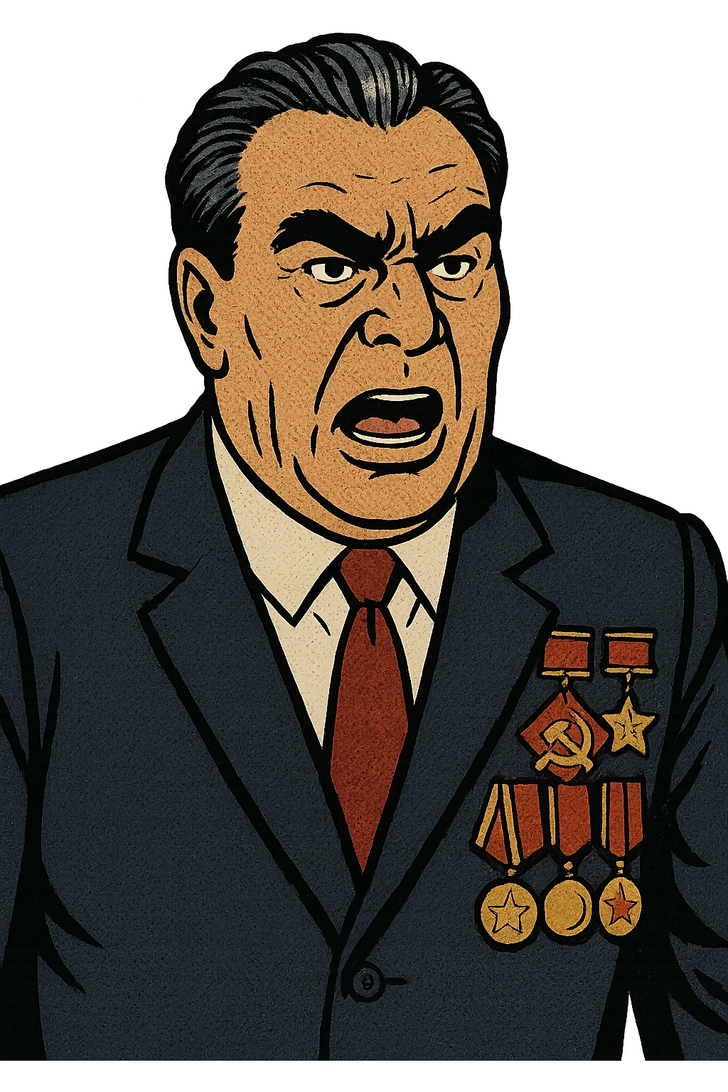 Soviet leader brezhnev wearing a suit with communist military medals looking angered  emoji