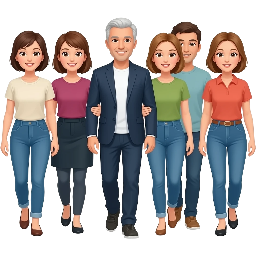Group of 40yo friends whose passion is going for walks. All have short hair and one has white hair. iOS emoji style emoji