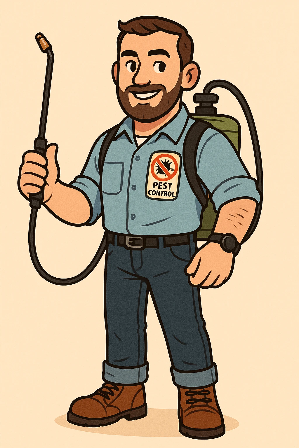 A friendly male pest control technician with short beard and short hair, wearing a light blue uniform shirt with rolled-up sleeves, dark jeans, brown boots, and a black wristwatch. He has a patch on his chest with a colorful anti-pest logo (insects crossed out) and the words 'PEST CONTROL'. He carries a green fumigation tank on his back with a black hose and holds the spray wand in one hand. He has a confident and approachable expression. The illustration should use bold outlines, warm colors, and clean, flat shading style. The background should be simple or light beige, in a flat toon style. emoji