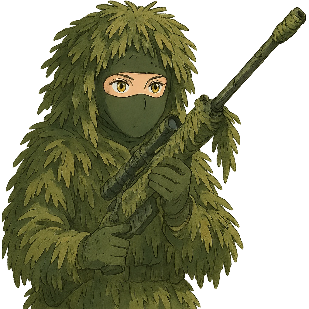 1 female, gold yellow eyes, face covered green balaclava, full military ghillie sniper camouflage, rifle up, camouflaged rifle wrap emoji