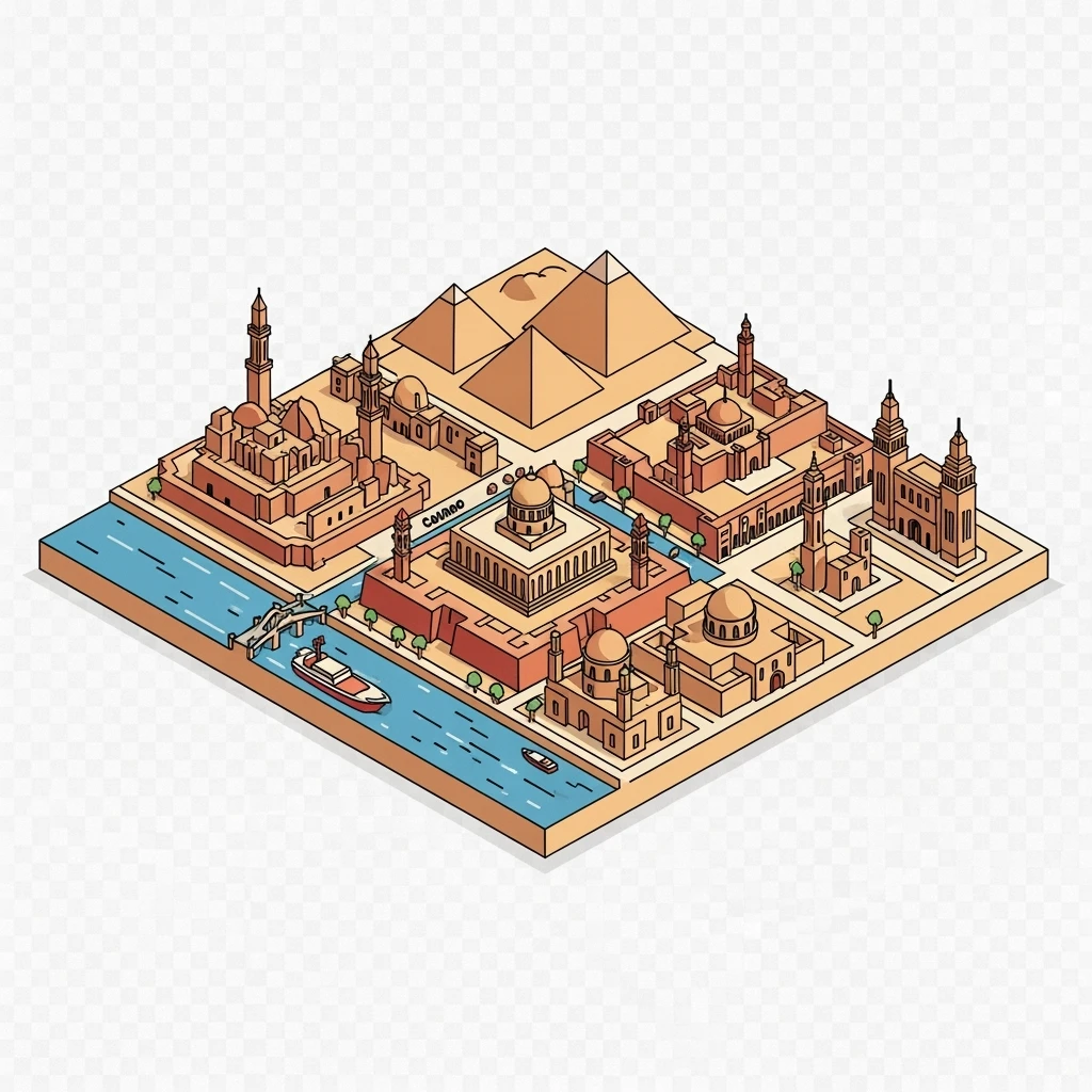 Isometric minimalistic illustration of Cairo, subtle 3D miniature effect and Tilt Shift effect, no cartoonish look, transparent background. emoji