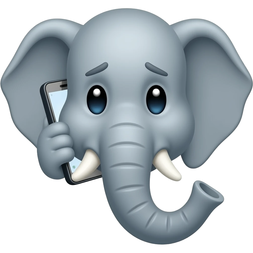 elephant face holding a smartphone with the trunk up in the ear talking on the phone. worried face emoji