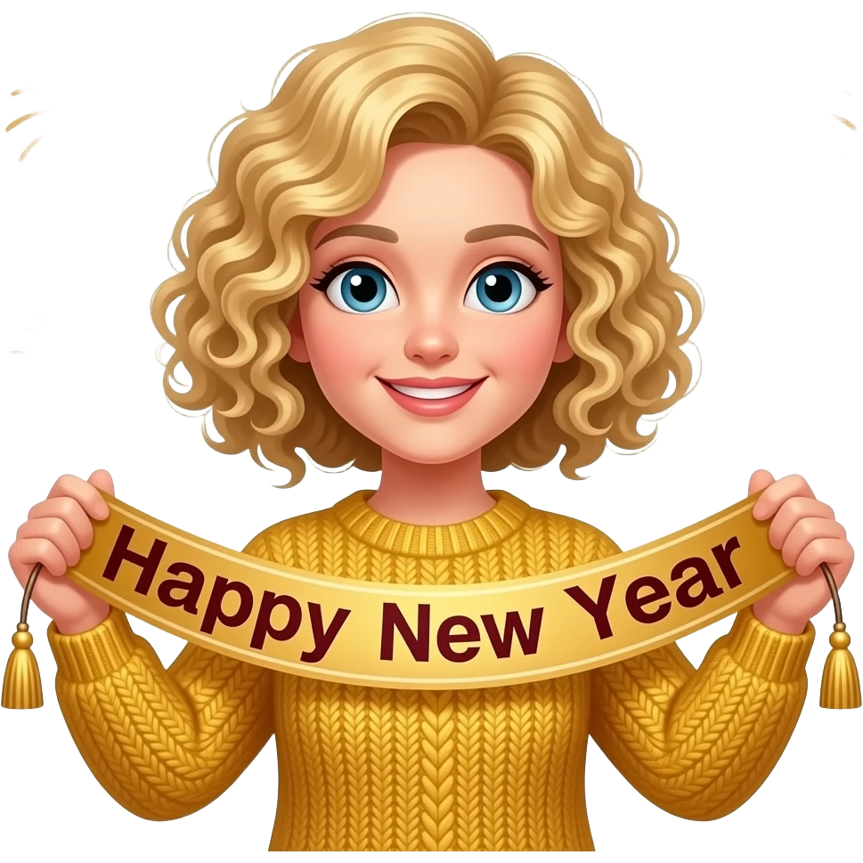 blonde tight curly hair in a short bob with Happy New Year banner with fireworks in a gold sweater emoji