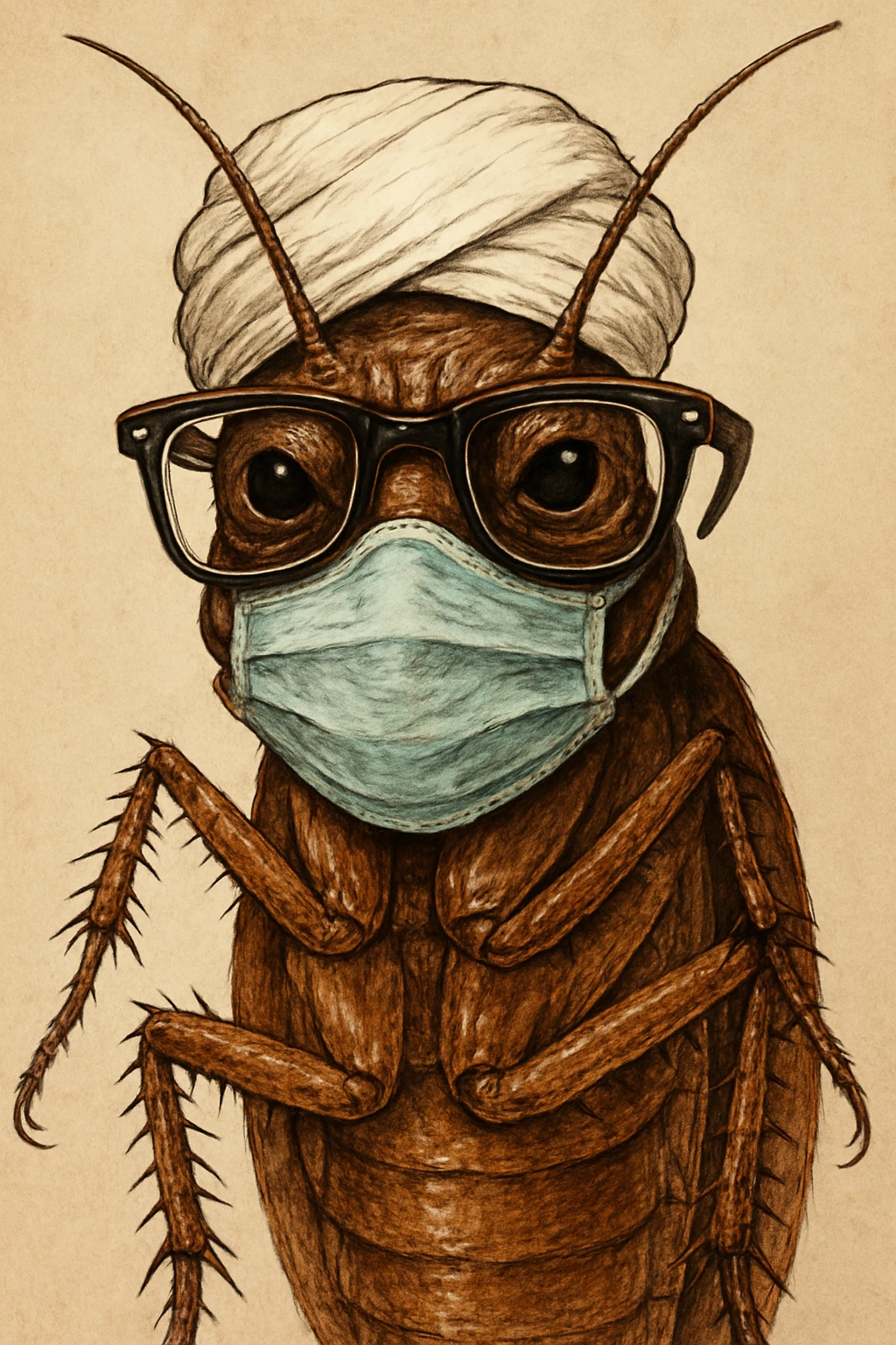 cockroach wearing a white turban, a facemask, and nerd glasses, detailed and expressive emoji