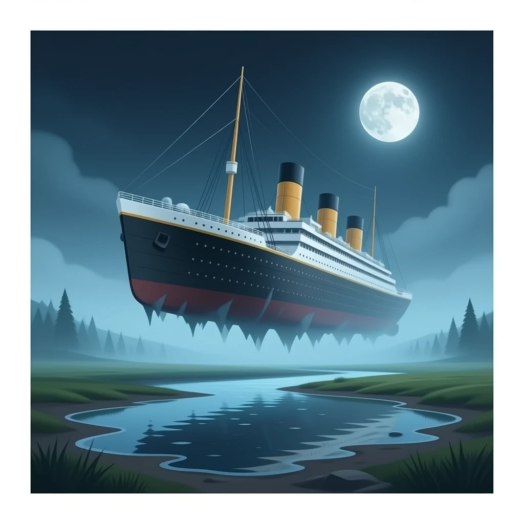 The ghost ship Titanic flies above a shallow puddle of water - horizontally emoji