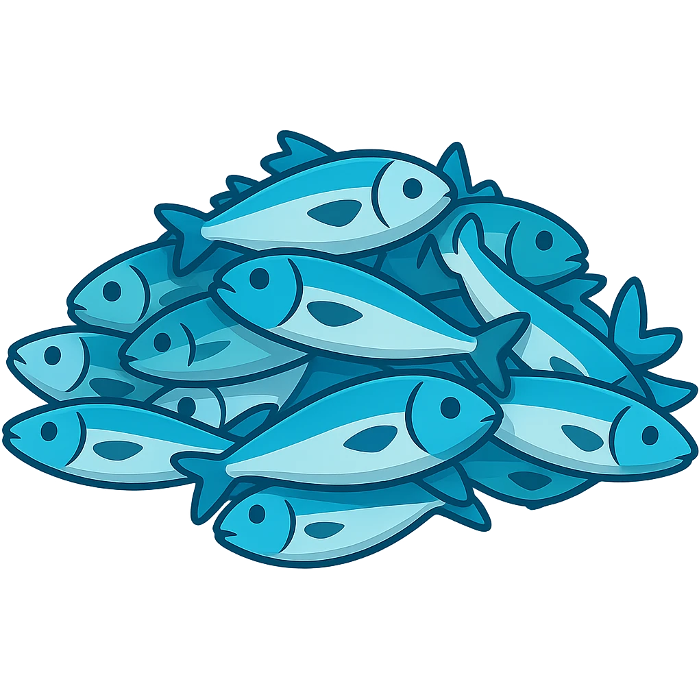Create a large pile of blue fish in emoji style. The image should resemble apple style emojis with concise details and vibrant blue colors. This is the base version. emoji