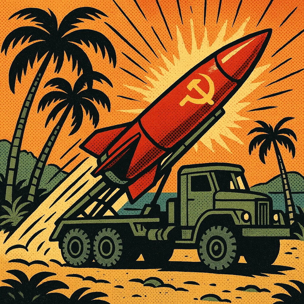 Soviet missile launcher with a missile on board located on a tropical island emoji
