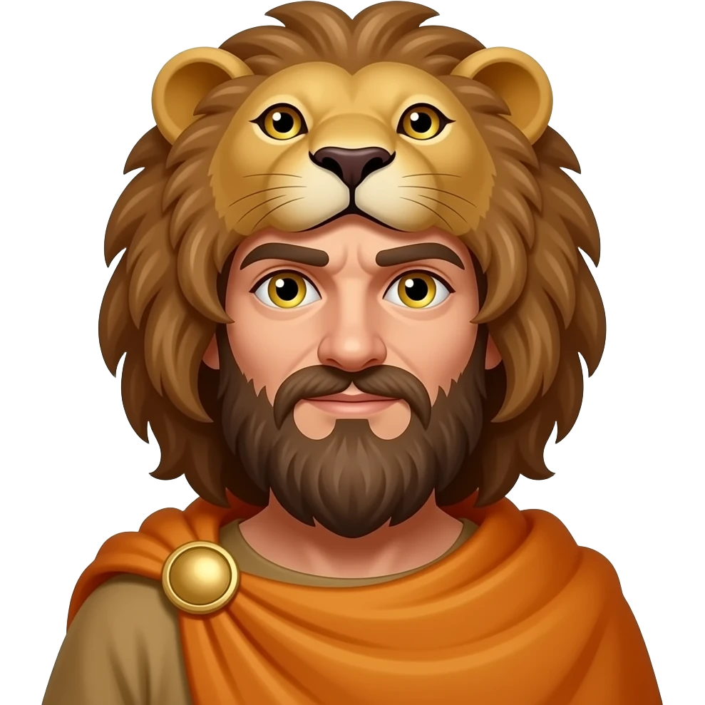 Hercules from Roman Mythology with gold eyes, dark brown bearded thick curls hair, lion skin hood, ochre cloak emoji