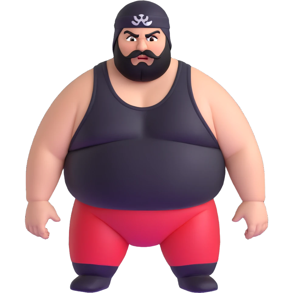 Close-up of morbidly obese white skin guy with young face, prominent BLACK DURAG tied clearly on head, distinct black beard and mustache, no muscle, black eyes in a red and black wrestling singlet with angry face emoji
