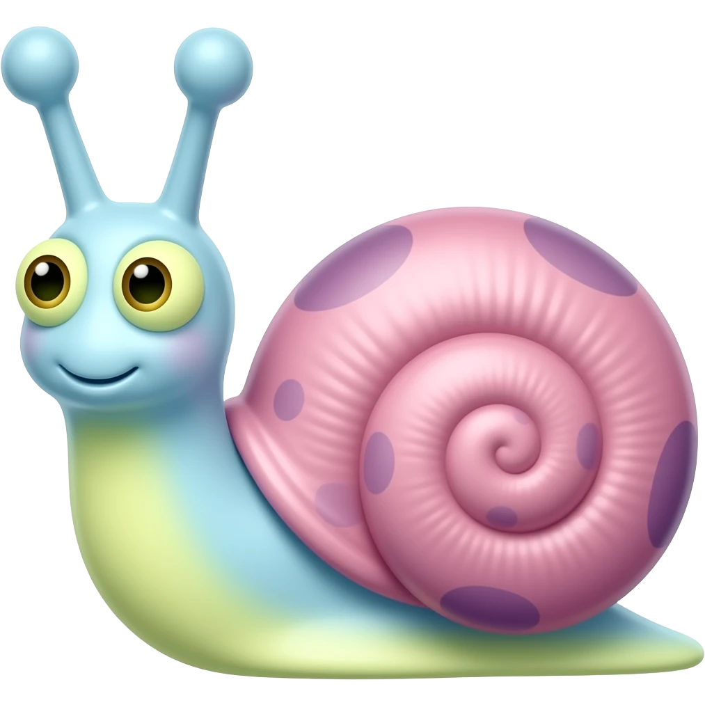 Gary the snale,  eyes on the top of his antenna with the colors being dull light blue for the body and light yellow green at the bottom. eyes are also light yellow green with orange pupils. shell is light pink with dull purple spots emoji