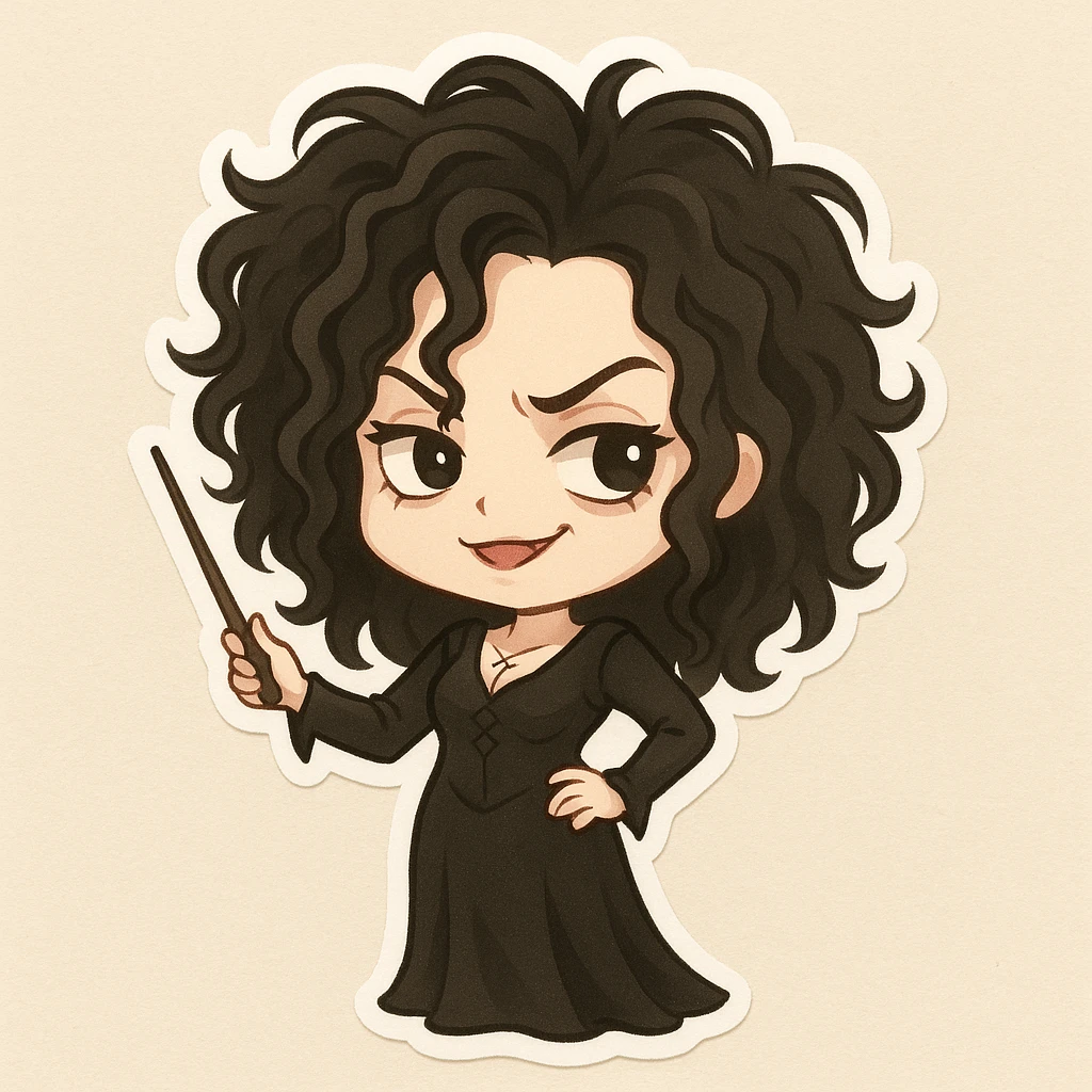 chibi sticker style character inspired by Bellatrix Lestrange, messy black hair, long black dress, mischievous expression, light beige background emoji